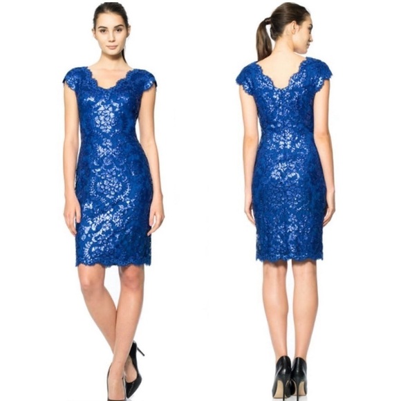 NEW! Tadashi Shoji Paillette Embroidered Lace V-Neck Dress Sequins Blue SZ 6 - Picture 3 of 14